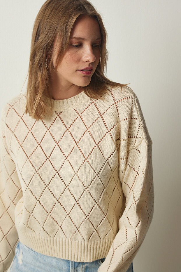 Women's Cream Diamond Patterned Openwork Knitwear Sweater NF00074