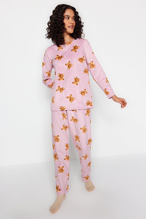 Pembe Polar Ayıcıklı Kışlık Örme Pijama Takımı THMAW24PT00272 - 3