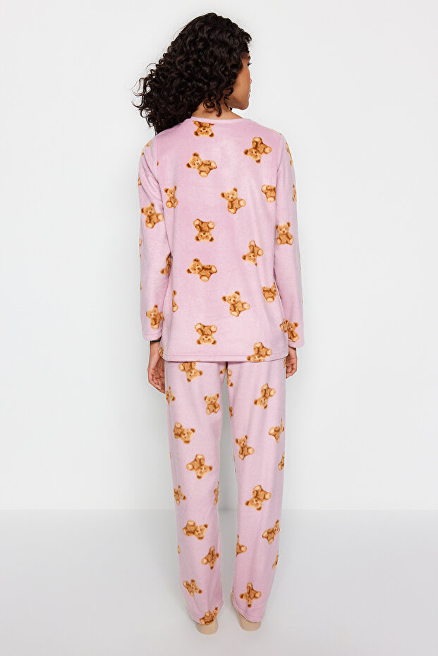 Pembe Polar Ayıcıklı Kışlık Örme Pijama Takımı THMAW24PT00272 - 5