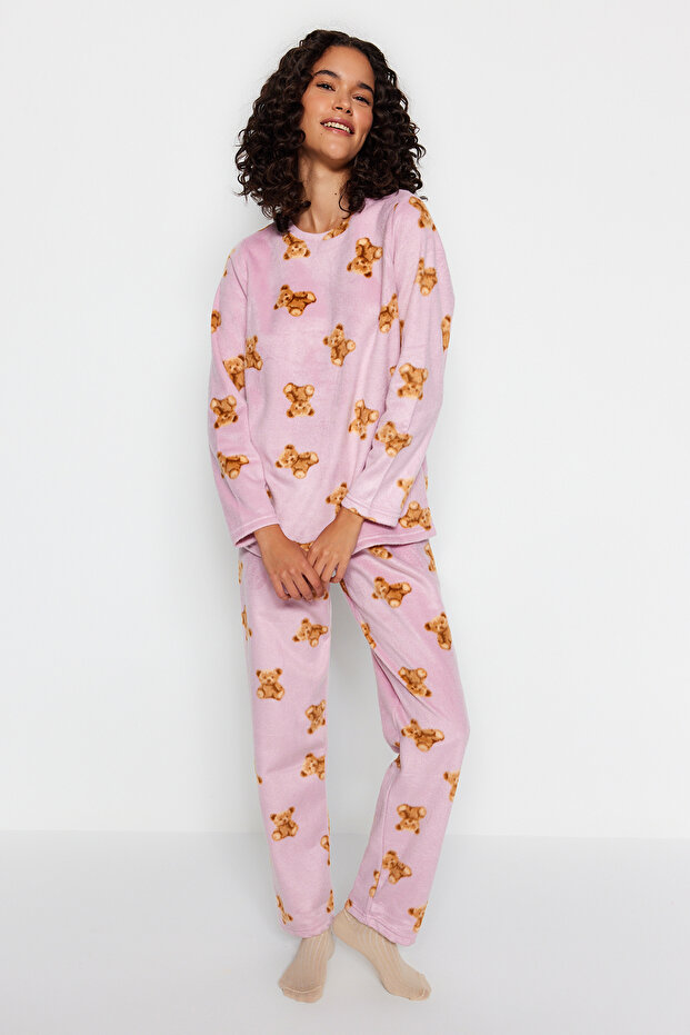 Pembe Polar Ayıcıklı Kışlık Örme Pijama Takımı THMAW24PT00272 - 2