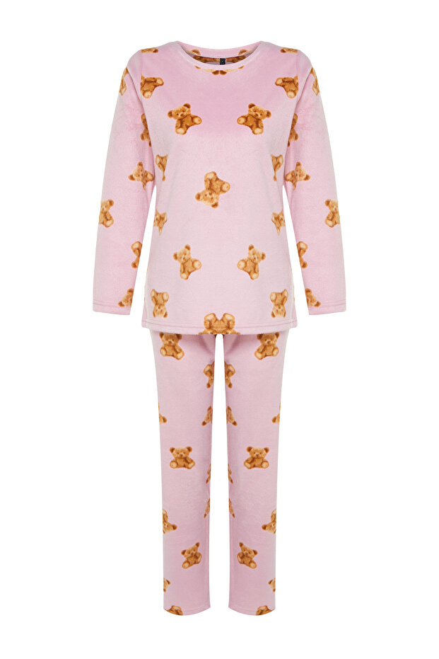 Pembe Polar Ayıcıklı Kışlık Örme Pijama Takımı THMAW24PT00272 - 7
