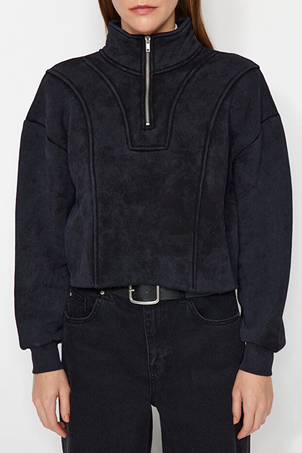 Antrasit Eskitme/Soluk Efektli Rahat Kesim Crop Kalın İçi Polarlı Örme Sweatshirt TWOAW24SW00243 - 5