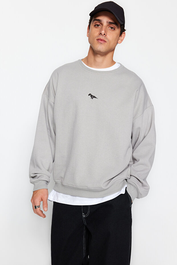 Gri Bisiklet Yaka Oversize/Geniş Kesim İçi Polar Dinozor Nakış Sweatshirt TMNAW24SW00064 - 3