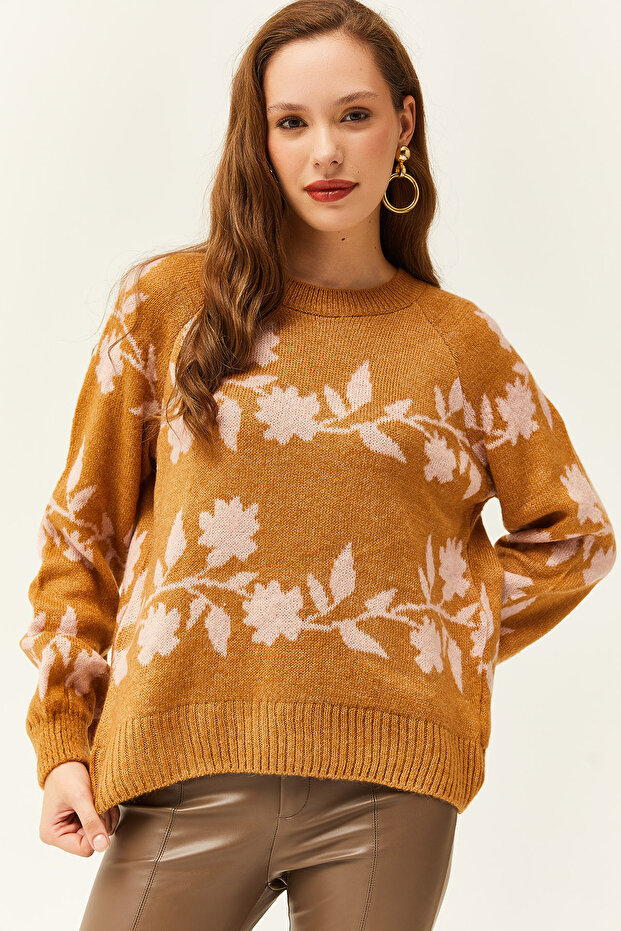 Women's Brown Patterned Soft Textured Knitwear Sweater KZK-19000690