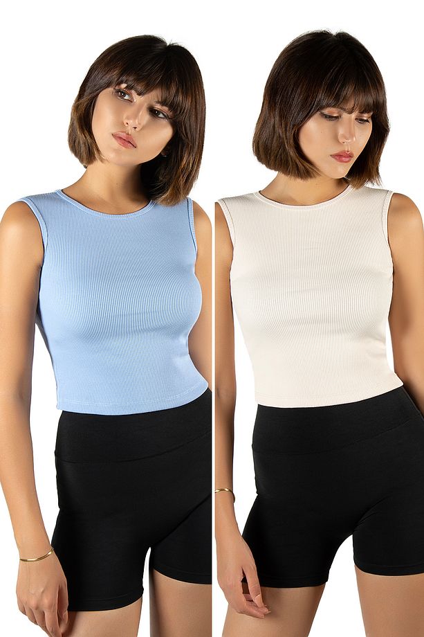 2'li Paket Mavi Krem Fitted/Vücuda Oturan Crop Halter Yaka Fitilli Esnek Örme Bluz Atlet - 1