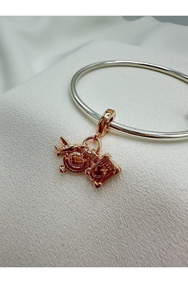Uçak,dünya Küresi Ve Bavul Rose Sallantılı Gümüş Charm - 2