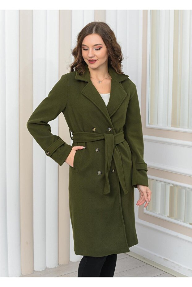 New Season Double Breasted Collar Lining Detailed Long Stamp Coat
