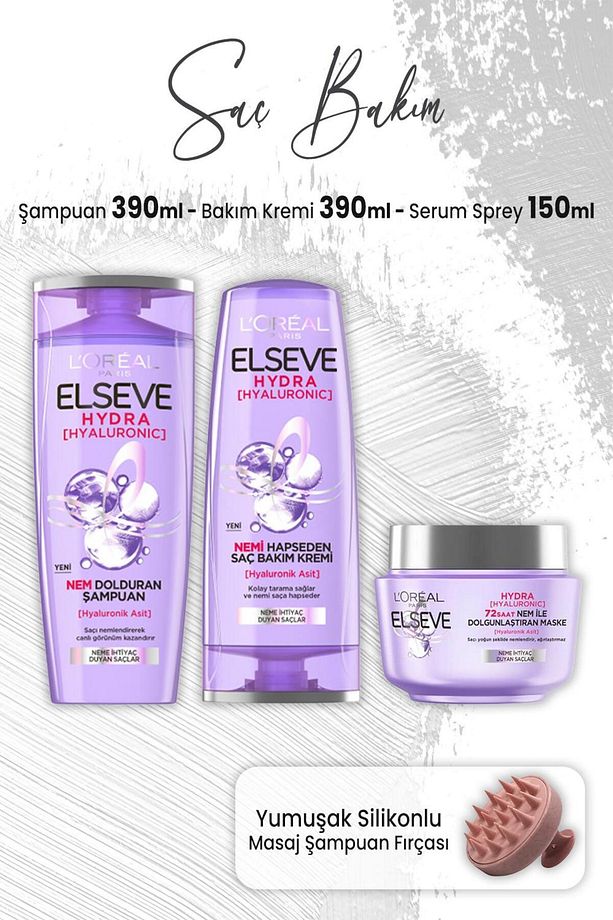 Hydra Hyaluronik Şampuan 390 Ml, Krem 390 Ml, Maske 300 ml Ve Masaj Şampuan Fırçası Pembe - 1