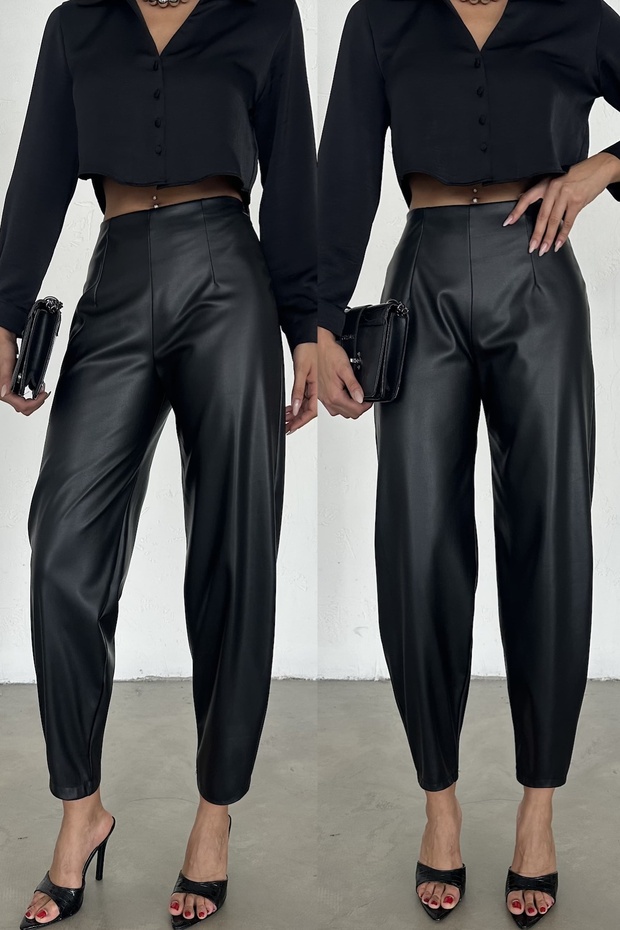 Women's Black Elastic Waist Ribbed Stretchy Balloon Leather Trousers