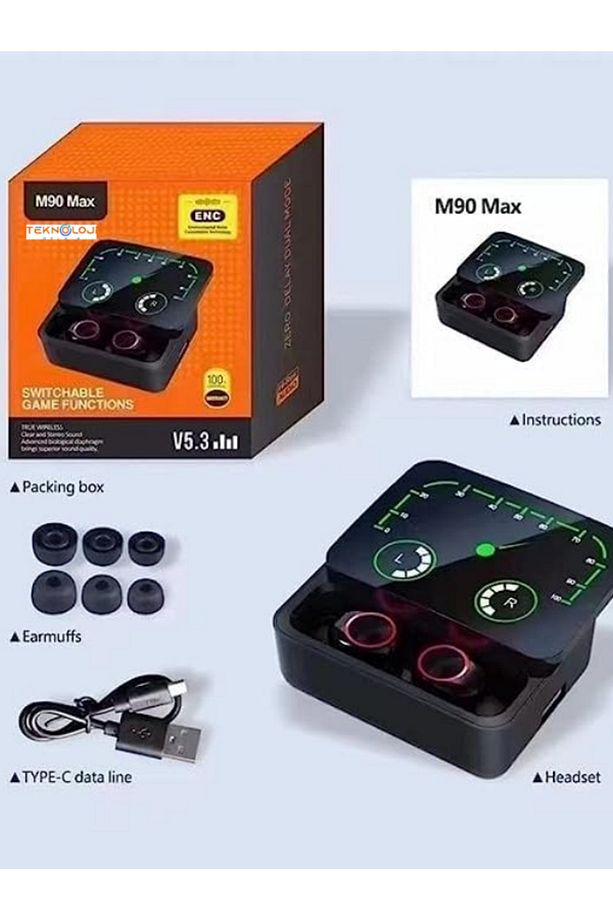M90 Max Bluetooth Kulaklık Powerbankli Hız Göstergeli Mikrofonlu Kulak içi Oyuncu Rgb Stereo V5.3 - 1