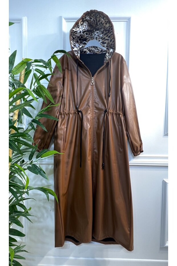 Large Size Lema Waist Gathered Hooded Full Length Leather Trench - Tan