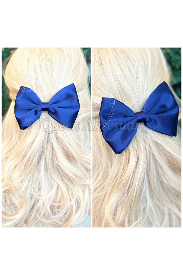 Imported luxury satin large bow automatic metal clip women's children's buckle navy blue