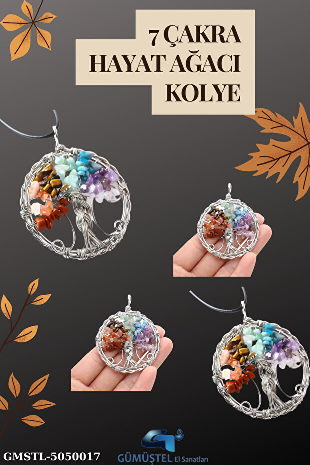 Certified Natural Stone 7 Chakra Tree of Life Design Necklace with Surprise Gift 5x5 Cm