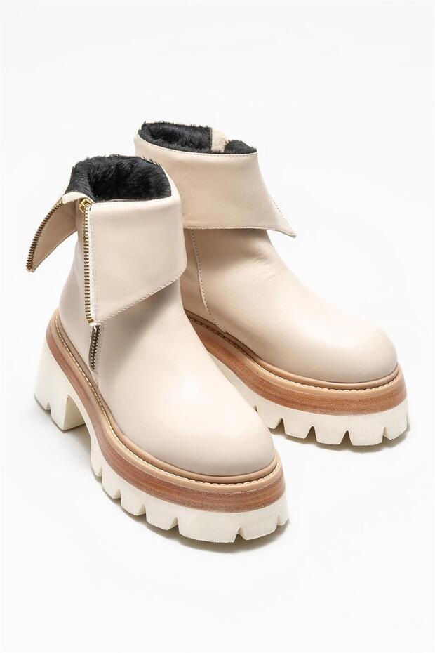 Bej Deri Kadın Topuklu Bot - 2