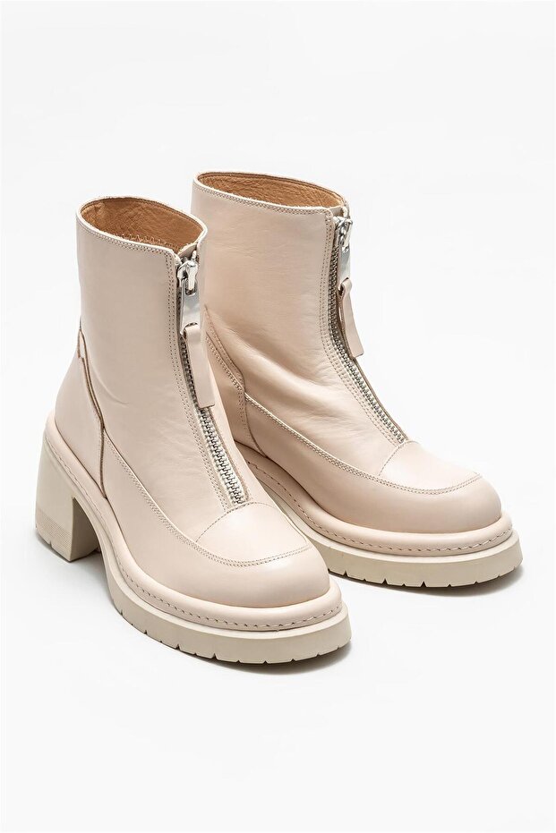 Ekru Deri Kadın Topuklu Bot - 2