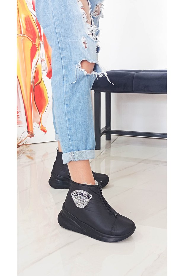 Black Flat Heel Stoned Zippered Women's Boots