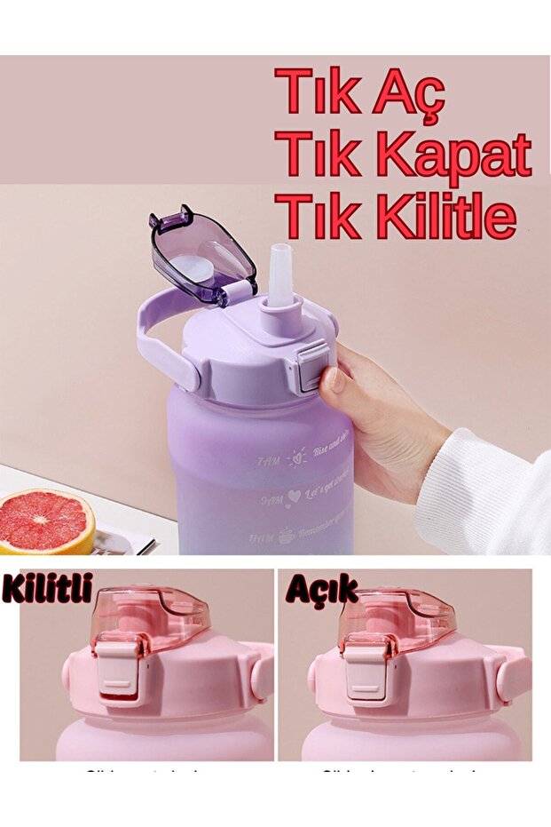 Motivasyonel 2li Su Matarası Su Şişesi Suluk 2lt+900ml Yavrulu Tritan Spor Salonu Su Şişesi Suluk - 7