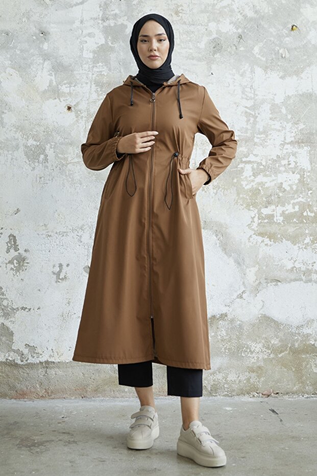 Layisa Striped Patterned Smocked Waist Trench - Brown