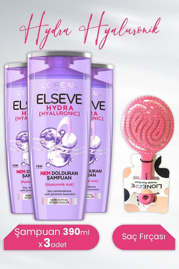 Hydra Hyaluronik Şampuan 390 ml X 3 Adet Ve Tarko Lionesse Saç Fırçası Yuvarlak Pembe - 1