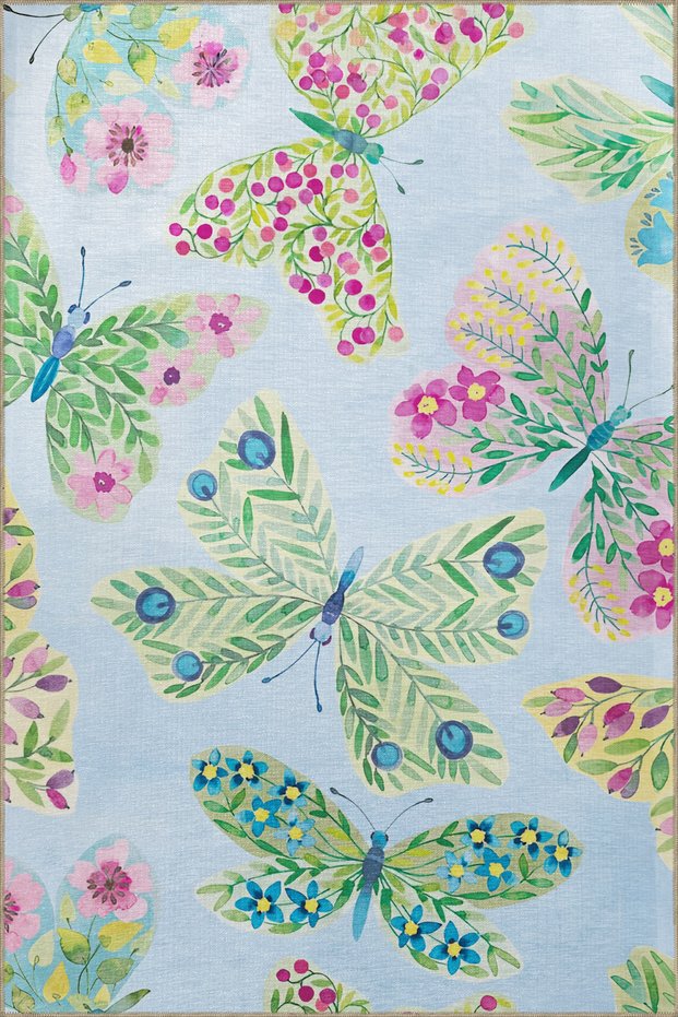 Blue Green Themed Butterfly Patterned Modern Decorative Rug 2073