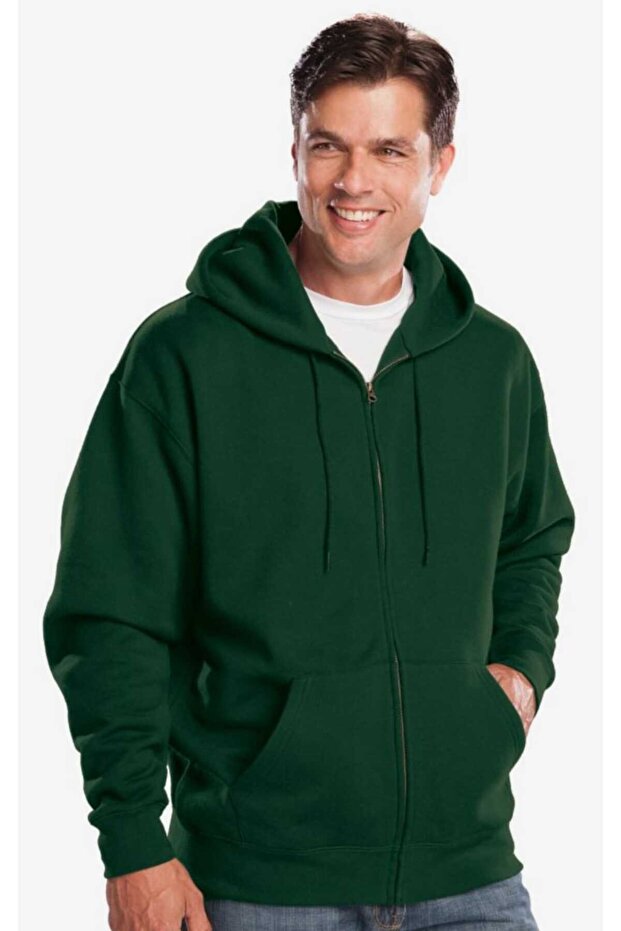 سويت شيرت رجالي باللون الأخضر - 100% قطن، بسحاب وغطاء للرأس - 1