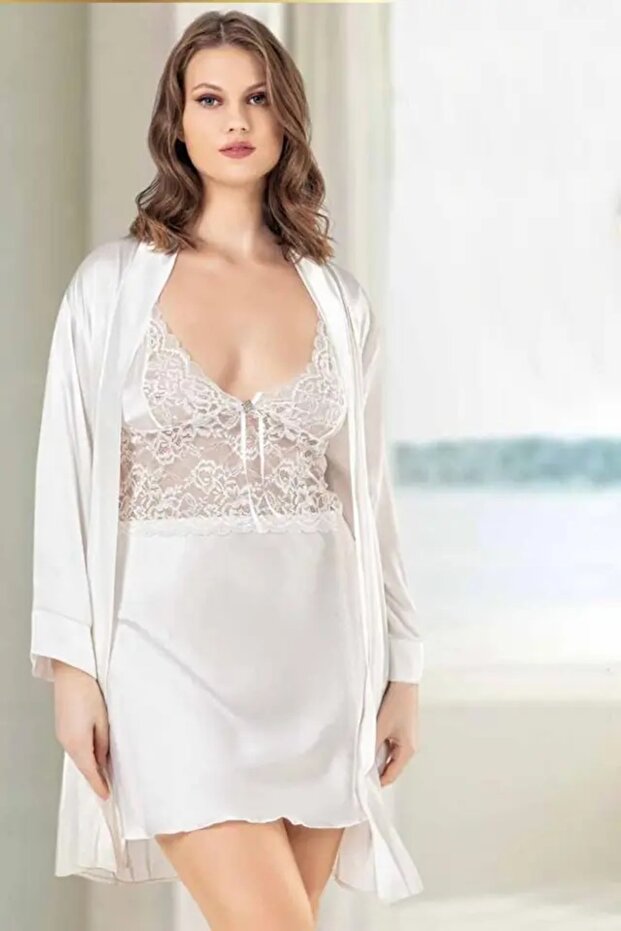 White Plus Size Dressing Gown Suit with Lace Detail