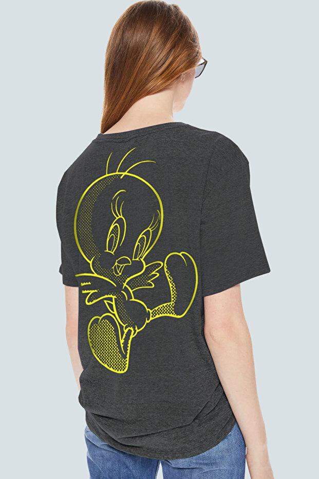 Cheerful Bird Anthracite Back Printed Oversize Short Sleeve Women's T-shirt
