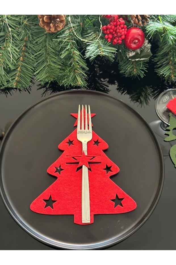 6 Pieces Christmas Decorative Pine Tree Cutlery Holder - Red Ornament