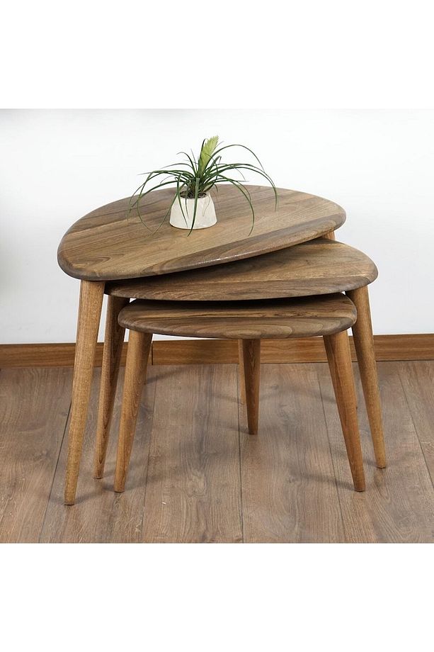 Ercol Style Masif Gerçek Ceviz Ağacı Zigon Orta Sehpa Takımı, Oturma Odası Mobilya, Zigon 3^lü Set - 5