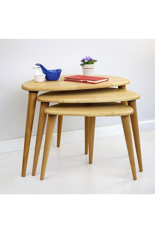 Ercol Style Masif Gerçek Kestane Ağacı Zigon Orta Sehpa Takımı, Oturma Odası Mobilya, Zigon 3^lü Set - 4