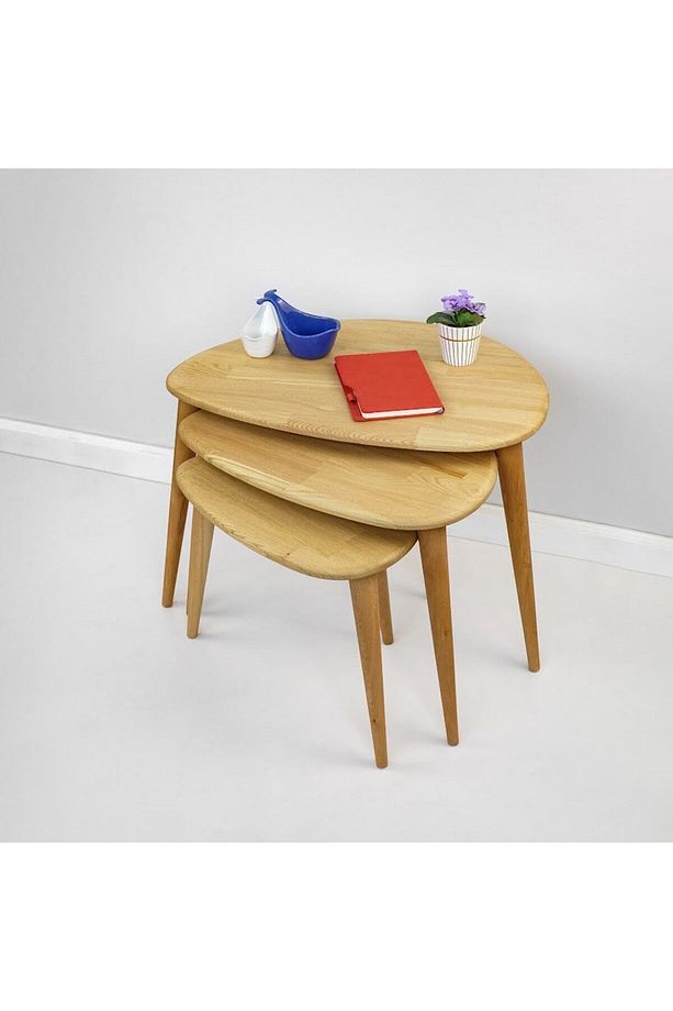 Ercol Style Masif Gerçek Kestane Ağacı Zigon Orta Sehpa Takımı, Oturma Odası Mobilya, Zigon 3^lü Set - 5