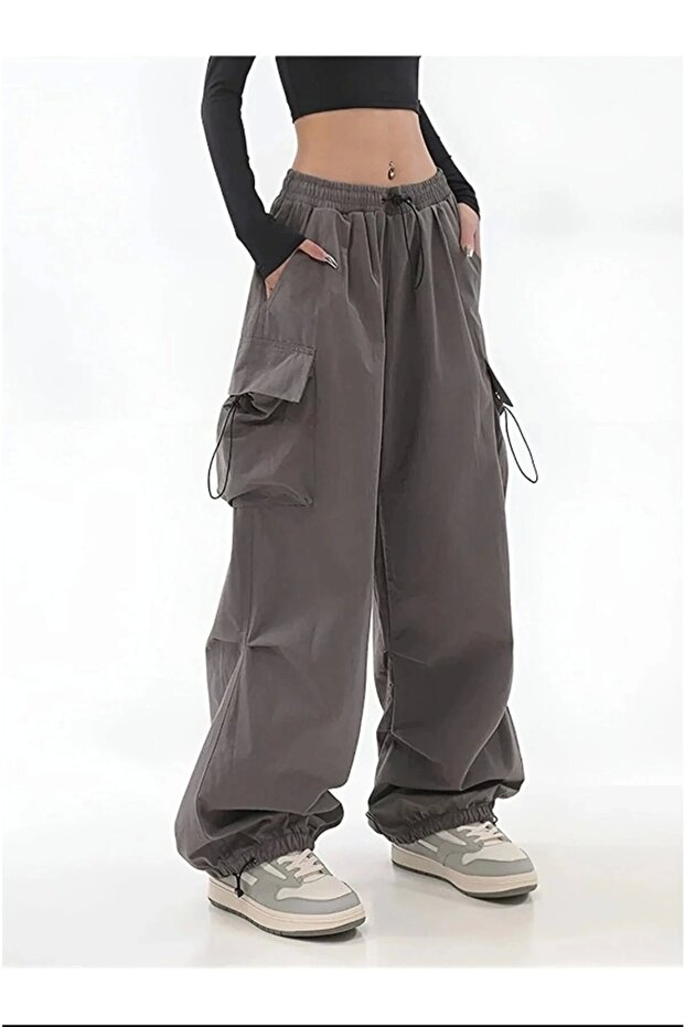 Unisex Smoked Tactical Wide Leg Cargo Pocket Elastic Wide Leg Loose Cut Oversize Cargo Pants