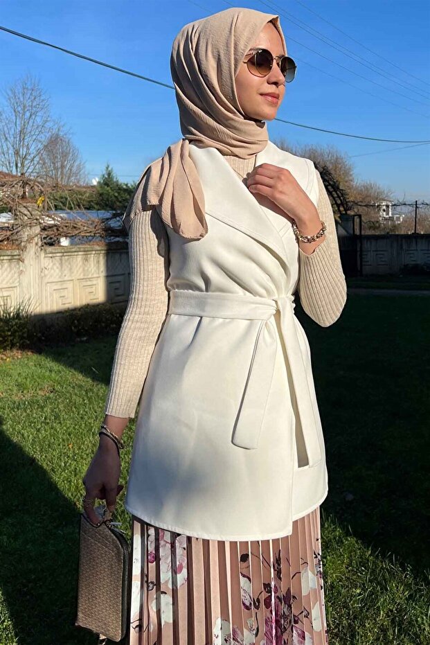 Bej Çiçekli Plise Etek - 7