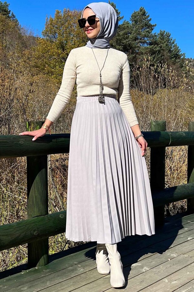 Minel Gri Plise Etek - 1