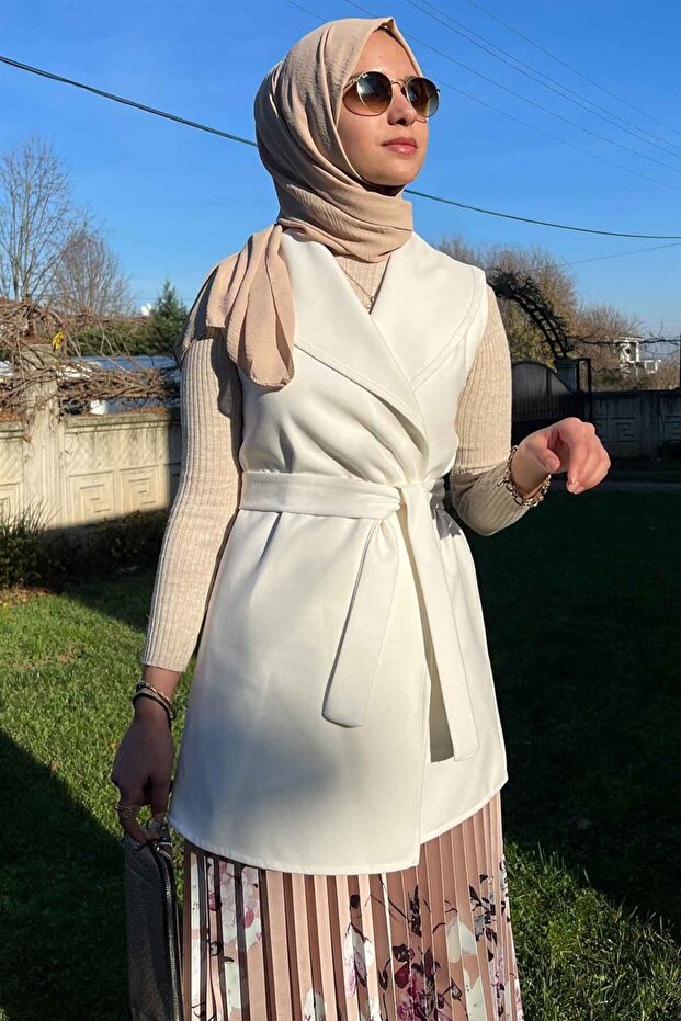 Bej Çiçekli Plise Etek - 5