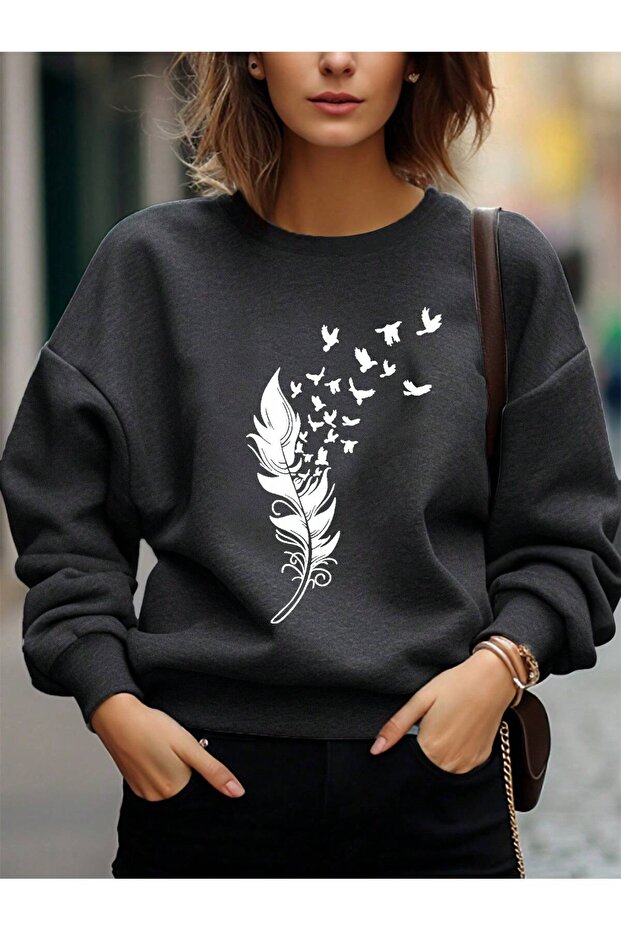 Feather and Bird Patterned Drop Shoulder Sweat Gray - 3