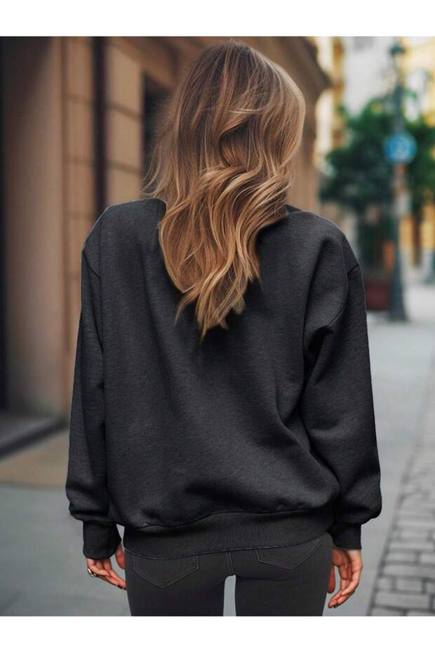 Feather and Bird Patterned Drop Shoulder Sweat Gray - 2