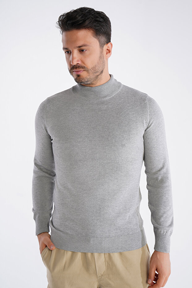 Men's Gray 100% Cotton Half Turtleneck Knitwear Sweater Trist-1104