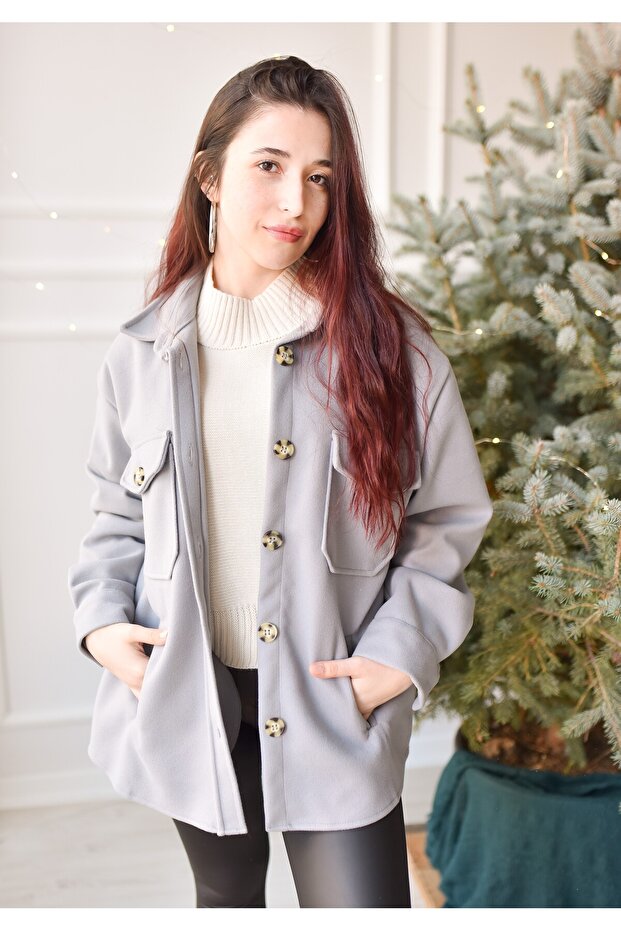 Çift Cepli Oversize Gömlek Ceket - 1