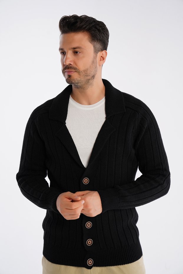 Men's Black Corded Buttoned Wool Knitwear Jacket Trist-5305