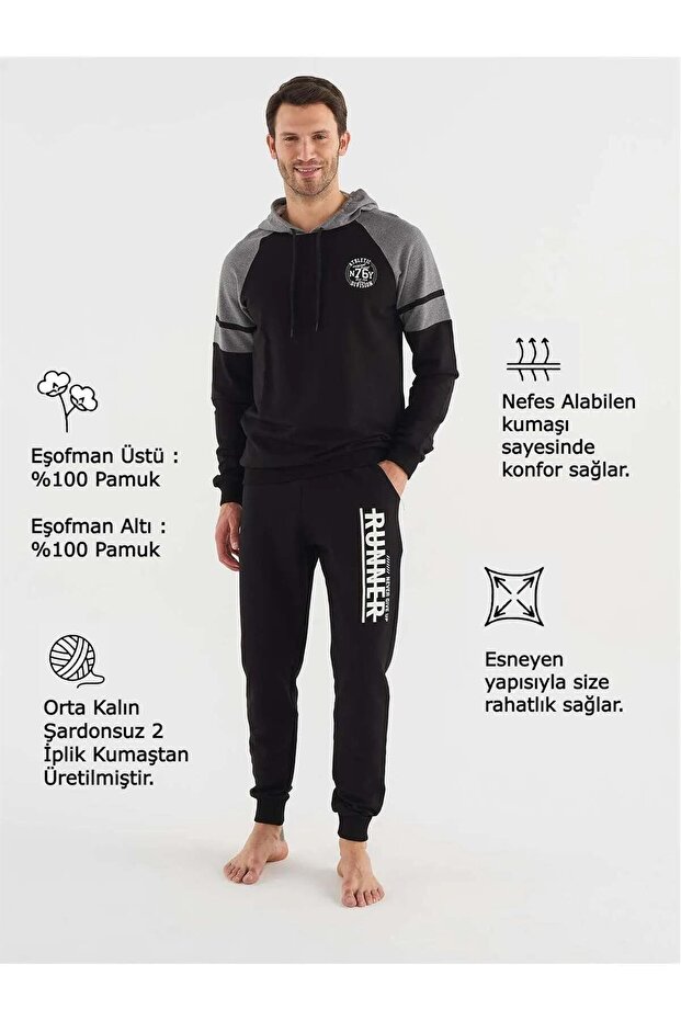 Siyah Kapüşonlu Eşofman Takım - 4