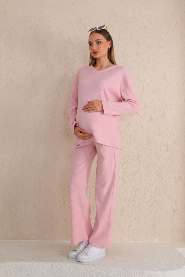 Pink V-neck Soft Fabric Maternity Tracksuit Set