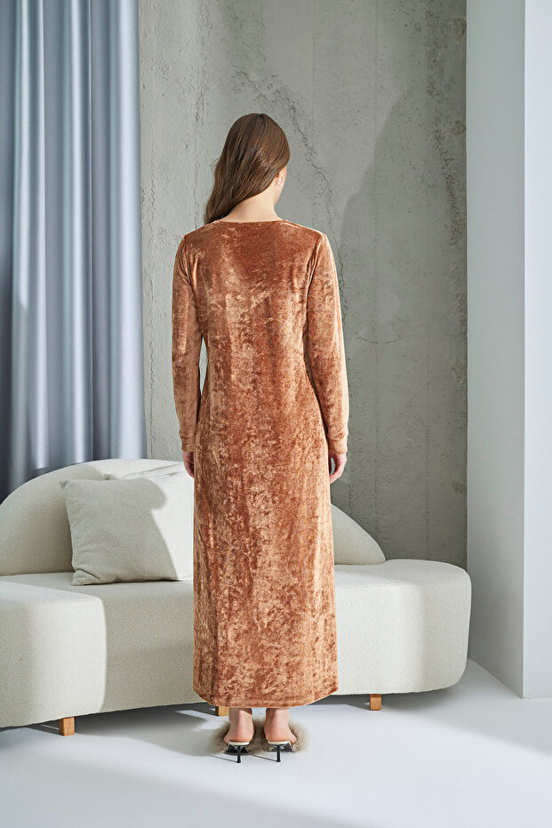 15208 TAŞ BASKILI KADİFE ELBİSE - 5