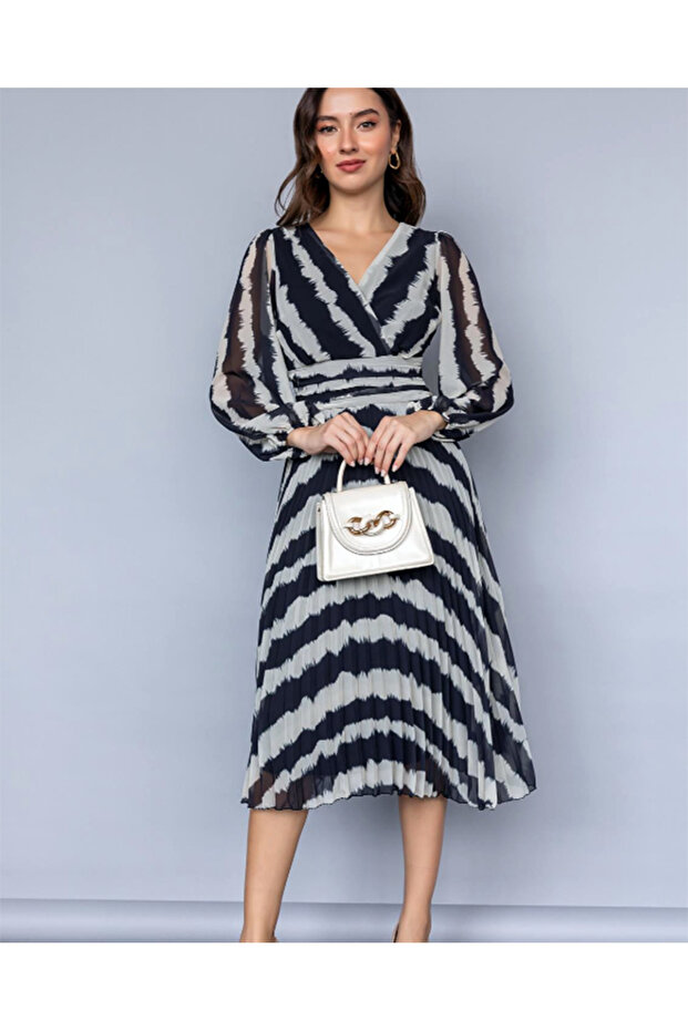 Multi Şifon İnce Piliseli Astarlı Tasarım Elbise - 1