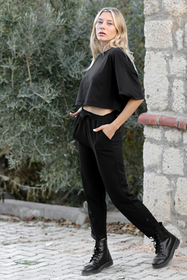 Siyah Örme Duble Paça Jogger Pantolon - 5