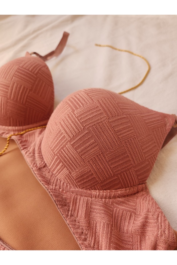 Basic Knit Patterned Light Support Bra Set - 1