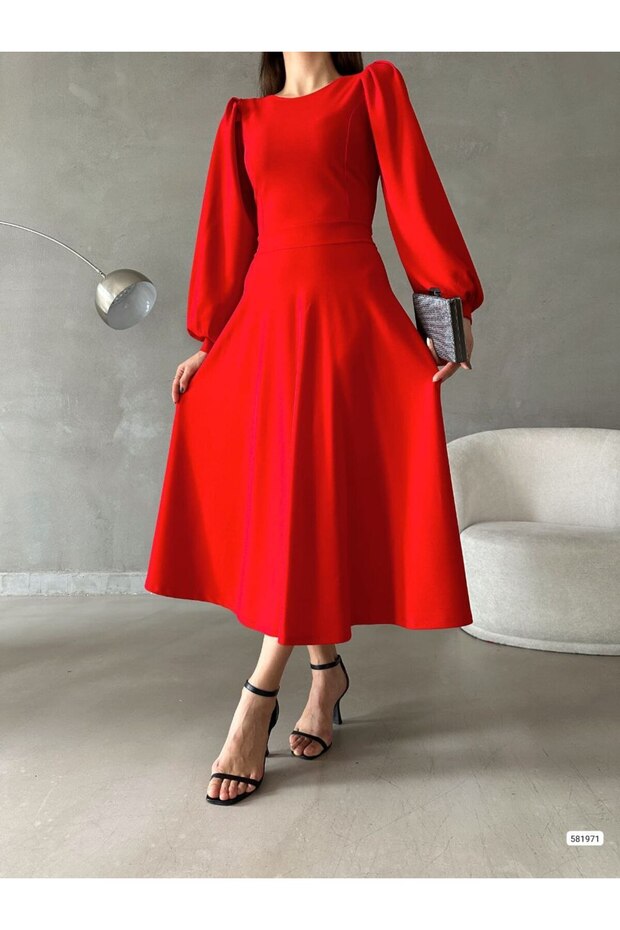 Imported Crepe Fabric Crew Neck Balloon Sleeve Midi Dress