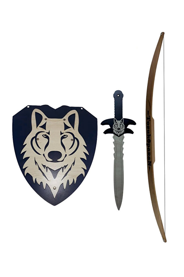Wooden Toy Set 3 Pieces, Wolf Head Shield + Sword + Arrow Bow Set 80 Cm