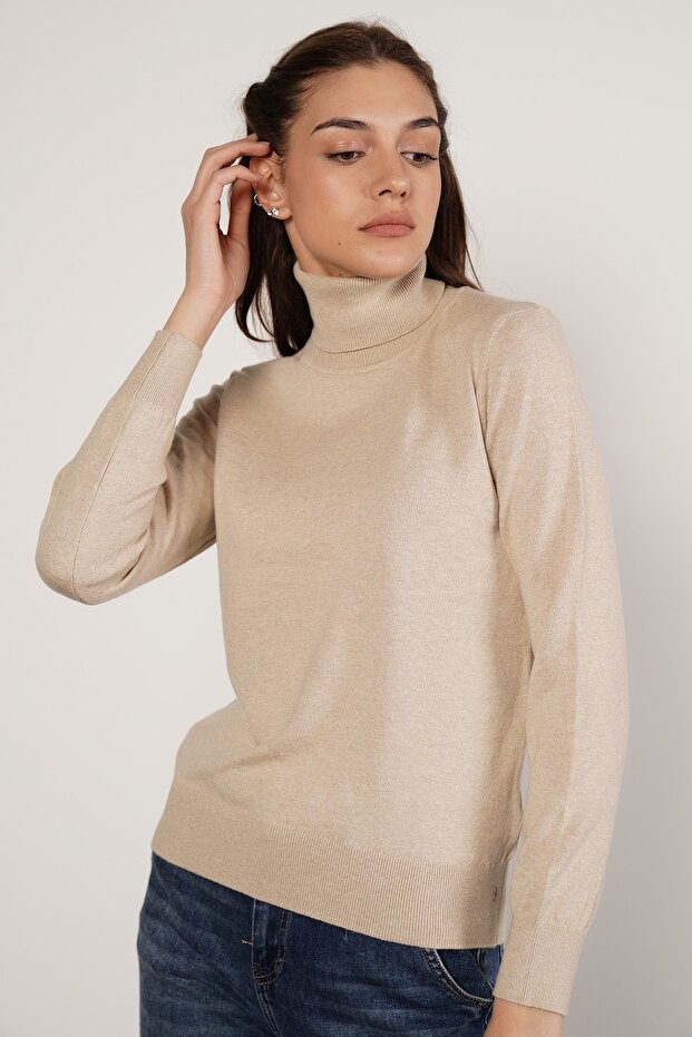 Women's Beige 100% Organic Cotton Turtleneck Sweater Trist-6103