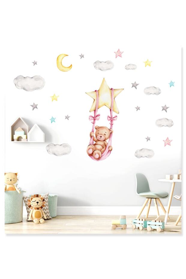Cute Teddy Bear Swinging on the Swing Cloud and Stars 2 Kids Room Wall Sticker